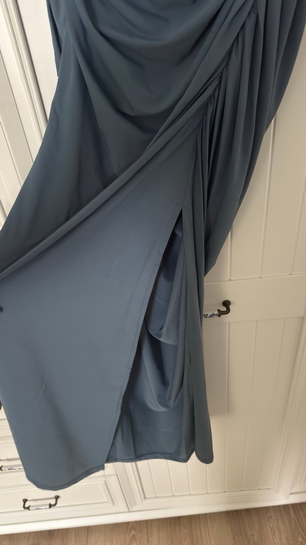 Uzun Drapeli Lacivert Kadın Elbise - Görsel 5