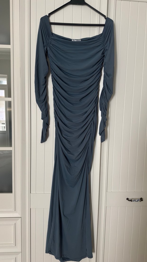 Uzun Drapeli Lacivert Kadın Elbise - Görsel 3