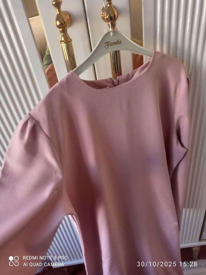 Pembe Uzun Kollu Düz Uzun Elbise - Görsel 2