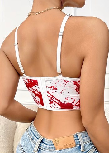 Zincir Detaylı Kırmızı Batik Desenli Straplez Büstiyer - Görsel 2