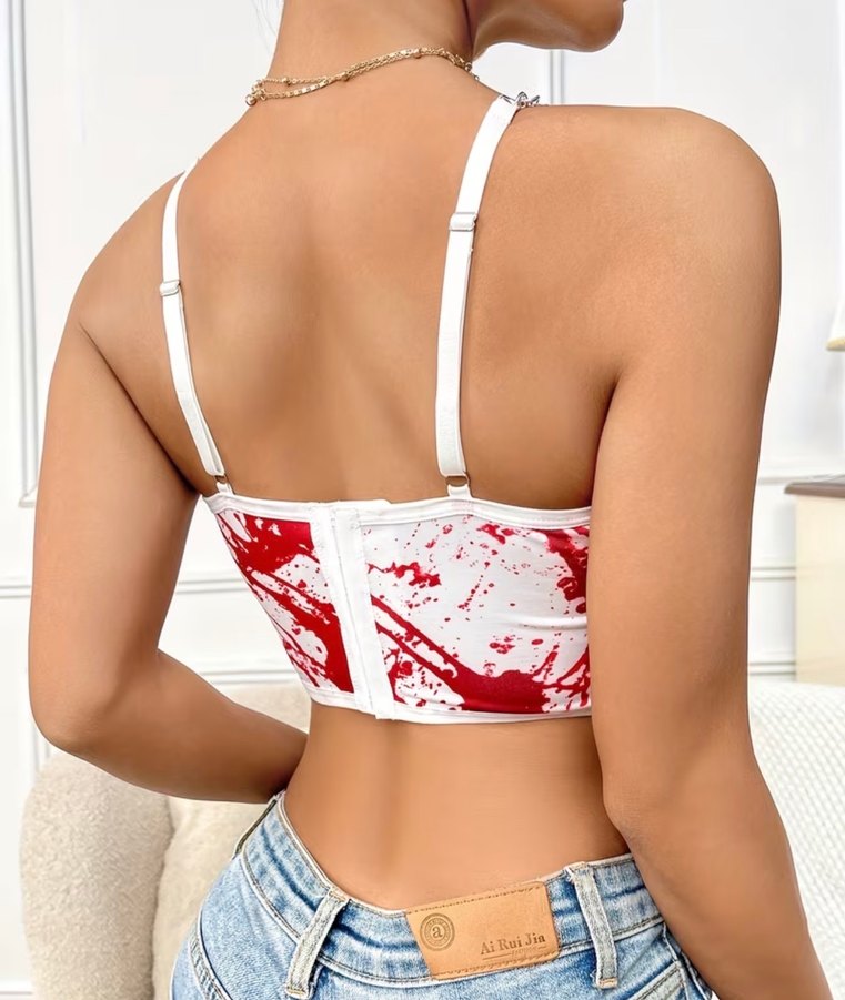 Zincir Detaylı Kırmızı Batik Desenli Straplez Büstiyer - Görsel 2