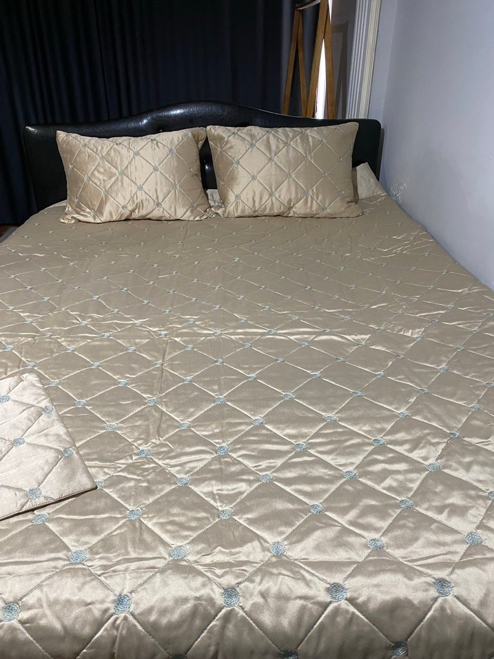 İşlemeli Bej Parlak Yatak Örtüsü - Görsel 2