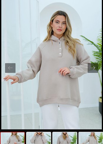 Bej Düğmeli Salaş Kadın Sweatshirt