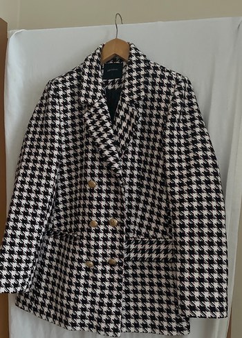 Düğmeli siyah beyaz pembe Kaz Ayağı Desenli Kadın Blazer