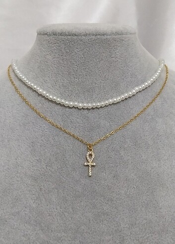 Altın kaplama mini ankh kolye incili set