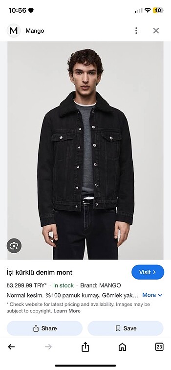 Mango Unisex siyah kot ceket