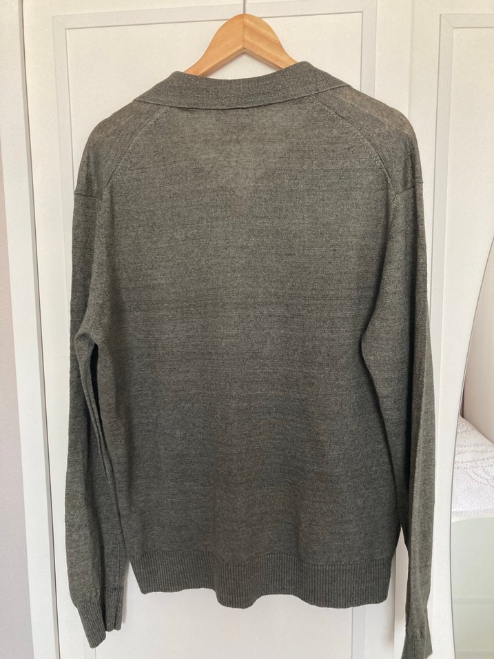 Gri  yeşil arası Keten Polo Yaka Erkek Kazak - Görsel 2