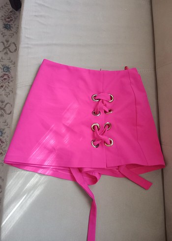 BSL FASHION Kadın Pembe Mini Etek, Kemer Detaylı, Dar Kesim