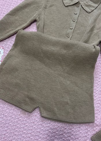 Bej Düğmeli Uzun Kollu Kadın Triko Tulum Elbise - Görsel 2