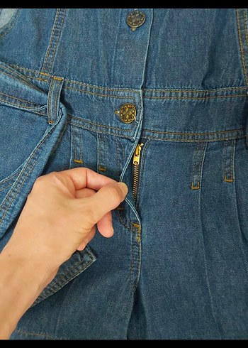 Mavi Kemerli Denim Kadın Şort Tulum - Görsel 3