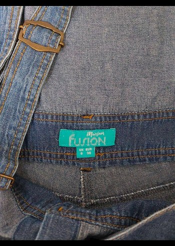 Mavi Kemerli Denim Kadın Şort Tulum - Görsel 4