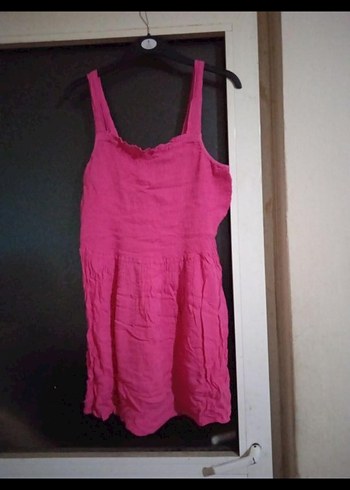 Diğer Pembe Kolsuz Midi Keten Elbise