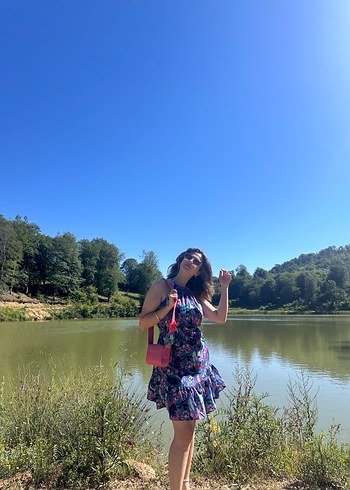 38 Beden Mavi Bohem halter yaka Midi Elbise
