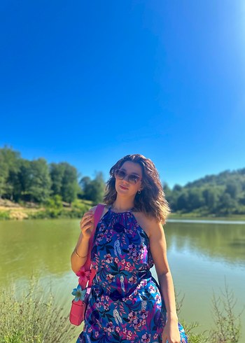 Mavi Bohem halter yaka Midi Elbise