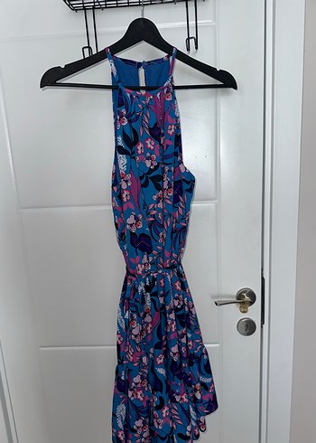 38 Beden mavi Renk Mavi Bohem halter yaka Midi Elbise
