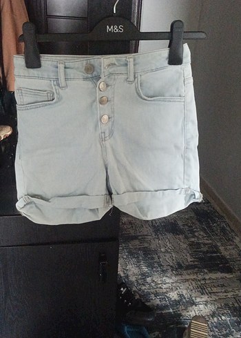 açık mavi Mini Düğmeli Kadın Denim Şort - Görsel 2