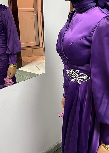 Abiye Parlak Mor Uzun Kollu Abiye Elbise