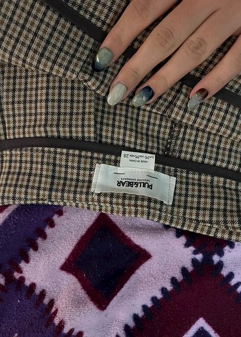 s Beden camel Renk Ekose Desenli Kemerli Mini Etek Bershka