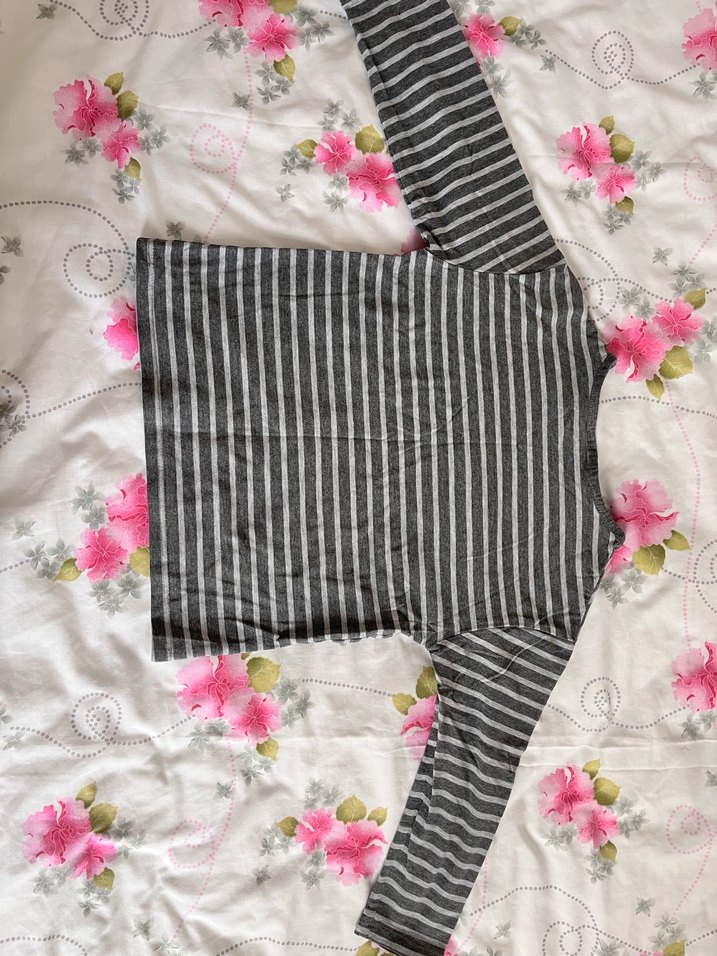 Kız Çocuk Gri Çizgili Uzun Kollu Tişört - Görsel 2