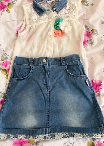 Kız Çocuk Dantel Detaylı Denim Etekli Bluz - Görsel 4