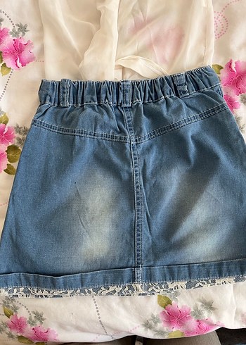 Kız Çocuk Dantel Detaylı Denim Etekli Bluz - Görsel 5