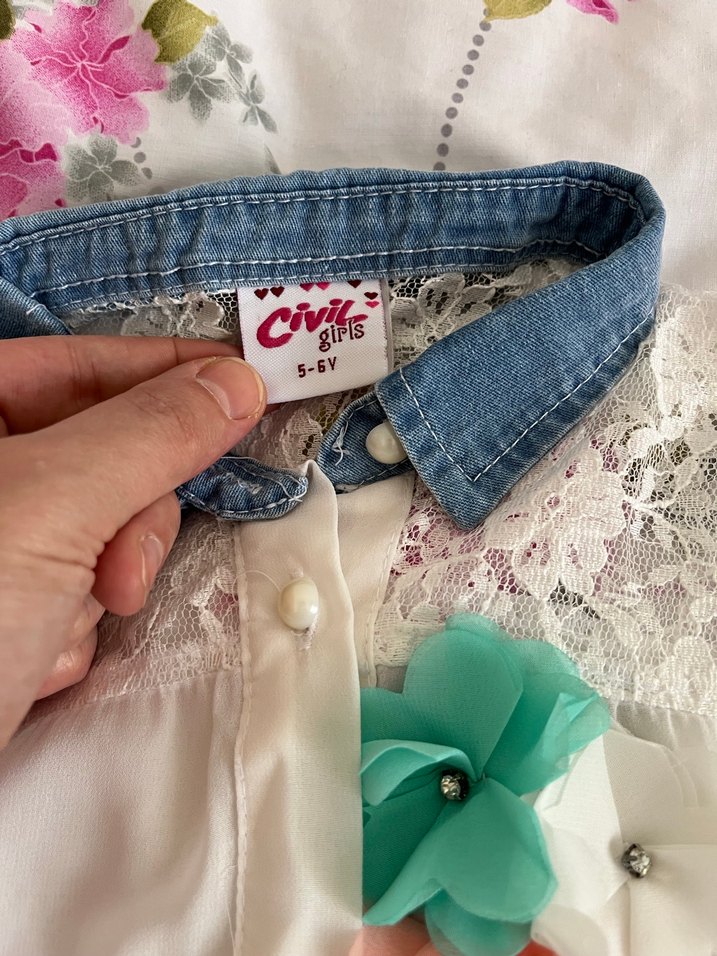 Kız Çocuk Dantel Detaylı Denim Etekli Bluz - Görsel 2