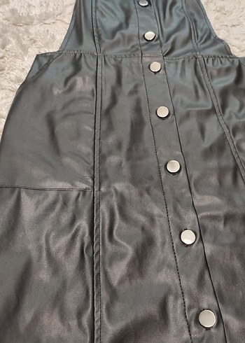 Siyah Deri Kadın Askılı Midi Elbise - Görsel 4