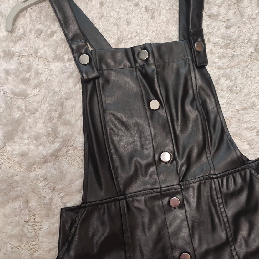 Siyah Deri Kadın Askılı Midi Elbise - Görsel 3