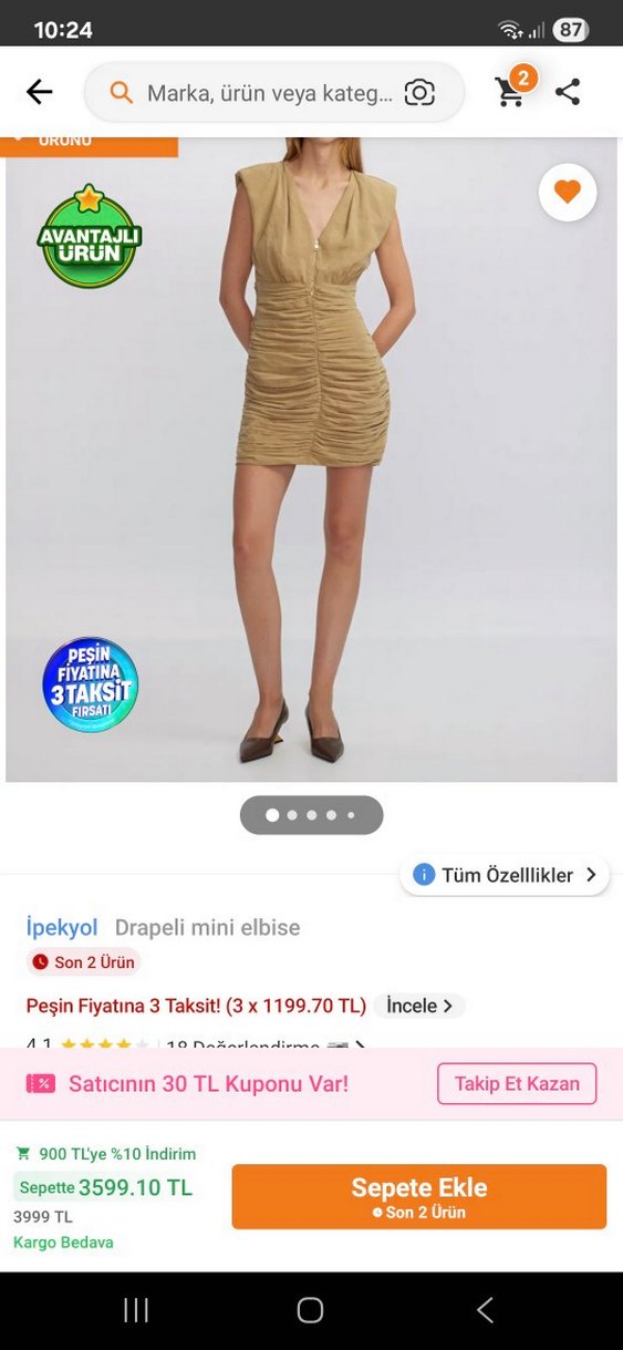 Bej Drapeli Mini Keten Elbise - Görsel 3