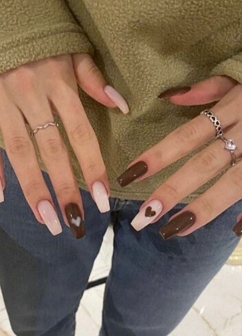 Kahverengi Beyaz Nail Art Takma Tırnak 