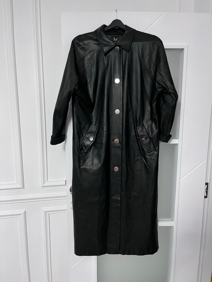Kadın Siyah Deri trençkot - Görsel 5