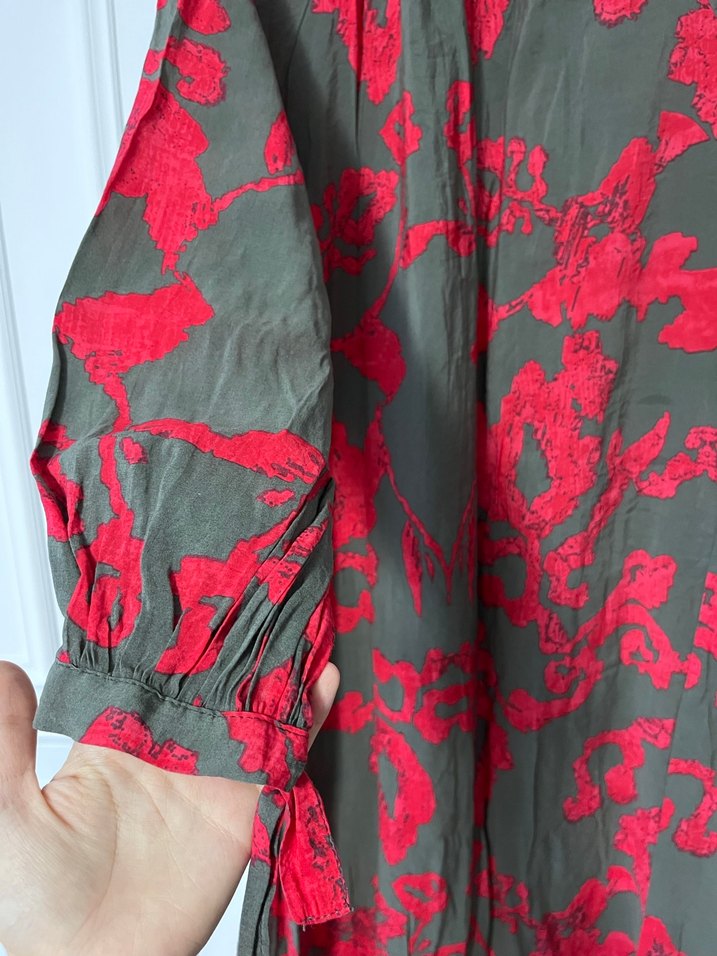 Gri Kırmızı Desenli Salaş Uzun Elbise - Görsel 2