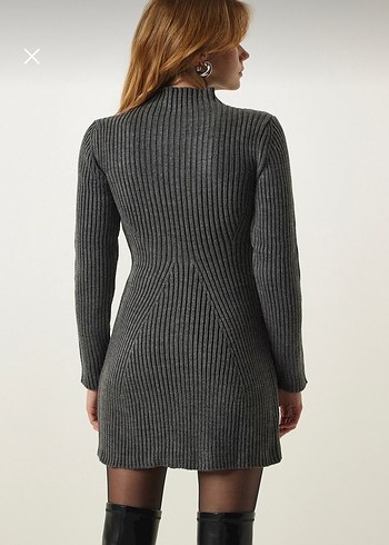 Gri Yüksek Yakalı Triko Kadın Elbise - Görsel 5
