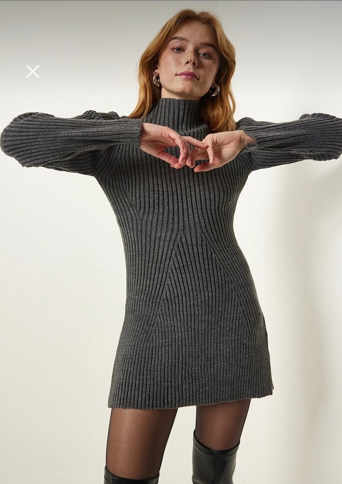 Gri Yüksek Yakalı Triko Kadın Elbise - Görsel 2