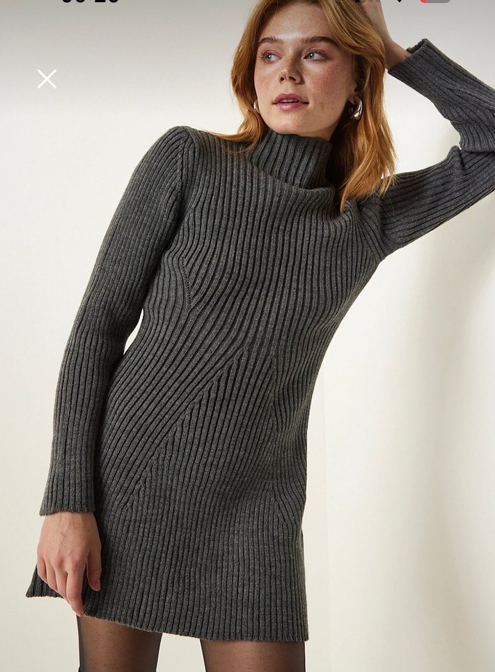 Gri Yüksek Yakalı Triko Kadın Elbise - Görsel 3