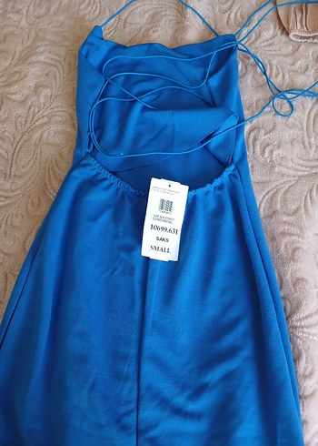 MANGO Mavi Sırtı Açık Mini Keten Elbise - Görsel 2