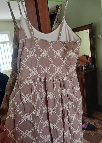 Bej Nakışlı Straplez Bohem Midi Elbise - Görsel 2