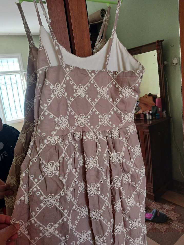 Bej Nakışlı Straplez Bohem Midi Elbise - Görsel 2