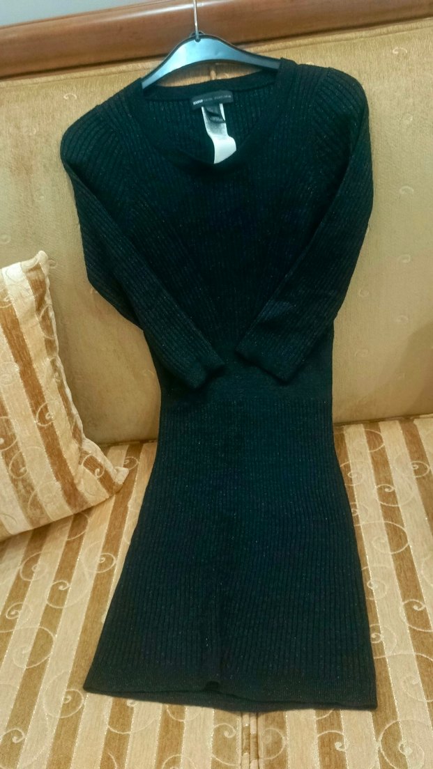 Siyah V Yakalı Triko Kadın Elbise - Görsel 2