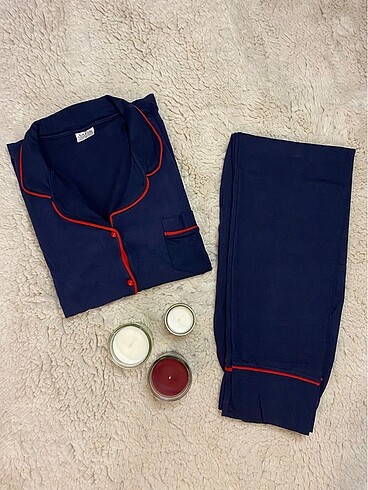 Lacivert Önden Düğmeli Penye Pijama Takımı