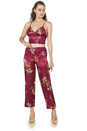 Diğer Bordo Çiçekli Üçlü Crop Empirme Baskılı Pijama Takımı