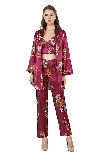 m Beden bordo Renk Bordo Çiçekli Üçlü Crop Empirme Baskılı Pijama Takımı