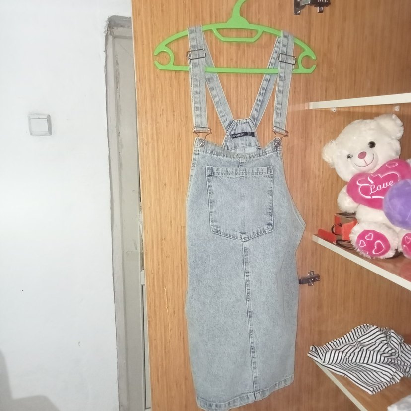 Kadın Gri Denim Kısa Askılı Tulum - Görsel 3