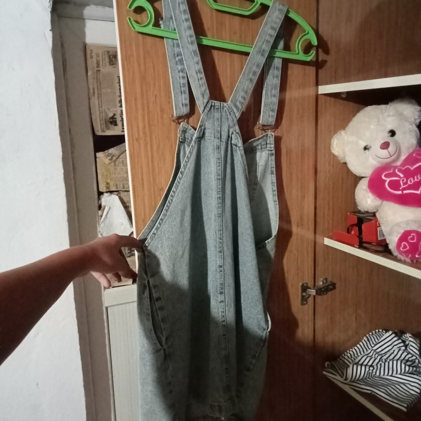 Kadın Gri Denim Kısa Askılı Tulum - Görsel 4