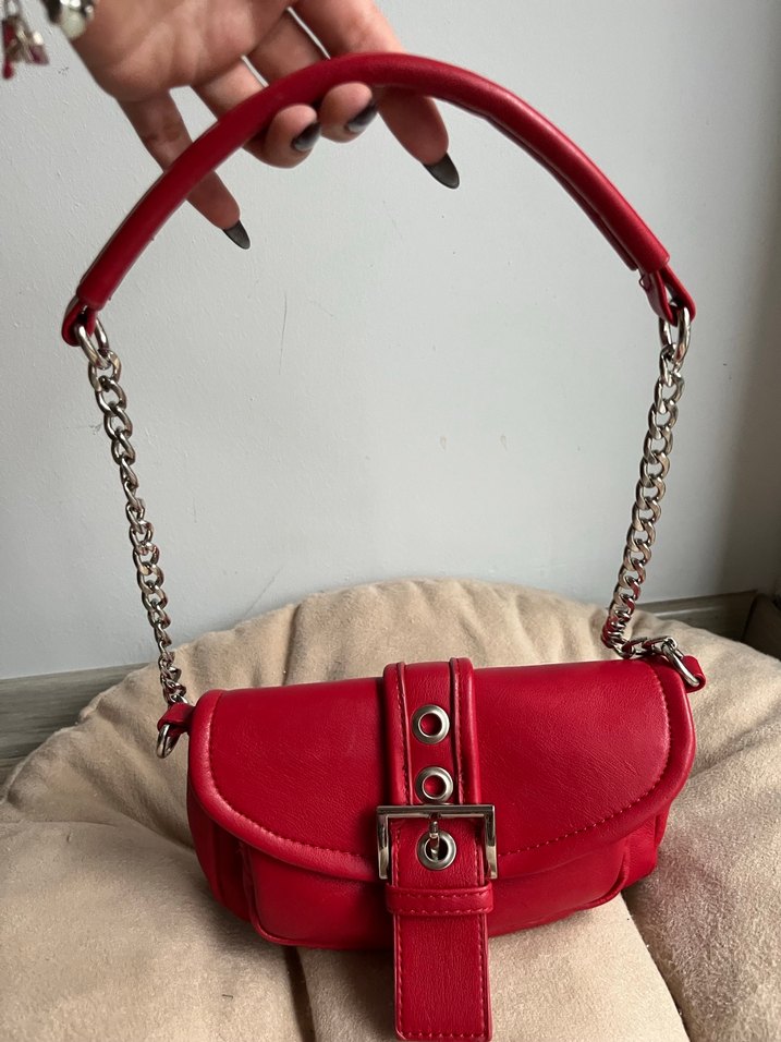 Kırmızı Deri Tokalı Kadın El Çantası - Görsel 2