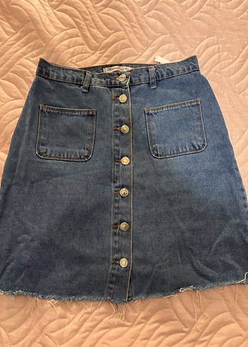 Düğmeli Mavi Denim Midi Etek