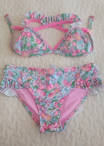 Çiçek Desenli Pembe İnce Askılı Kız Bikini