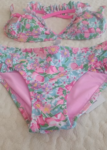 11-12 Yaş Beden Çiçek Desenli Pembe İnce Askılı Kız Bikini