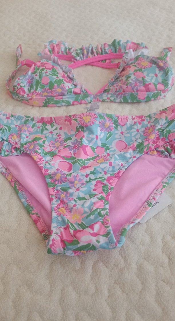 Çiçek Desenli Pembe İnce Askılı Kız Bikini - Görsel 3