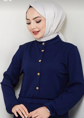 Düğmeli Lacivert Uzun Kollu elbise - Görsel 8